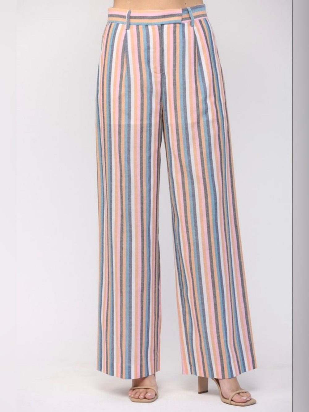 Striped Wide Leg Linen-Blend Pants in Pastel Pink/ Blue Multi I Size Small